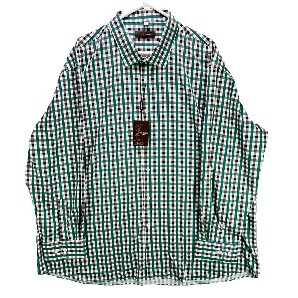 Vitarelli Performance Dress Shirt Mens 4XL Green Blue Check Button Up NWT